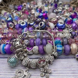 30pc Pandora Style Beads PURPLES, Snake Chain Bracelet Charms & More DIY Bundle